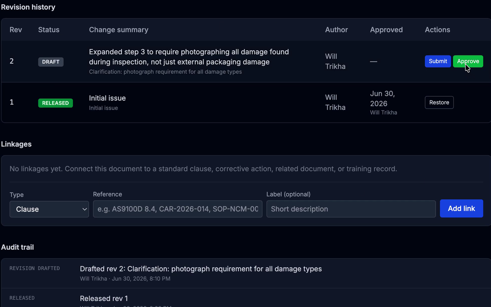 Revision history showing a draft revision and a released revision, the linkage panel, and the append-only audit trail